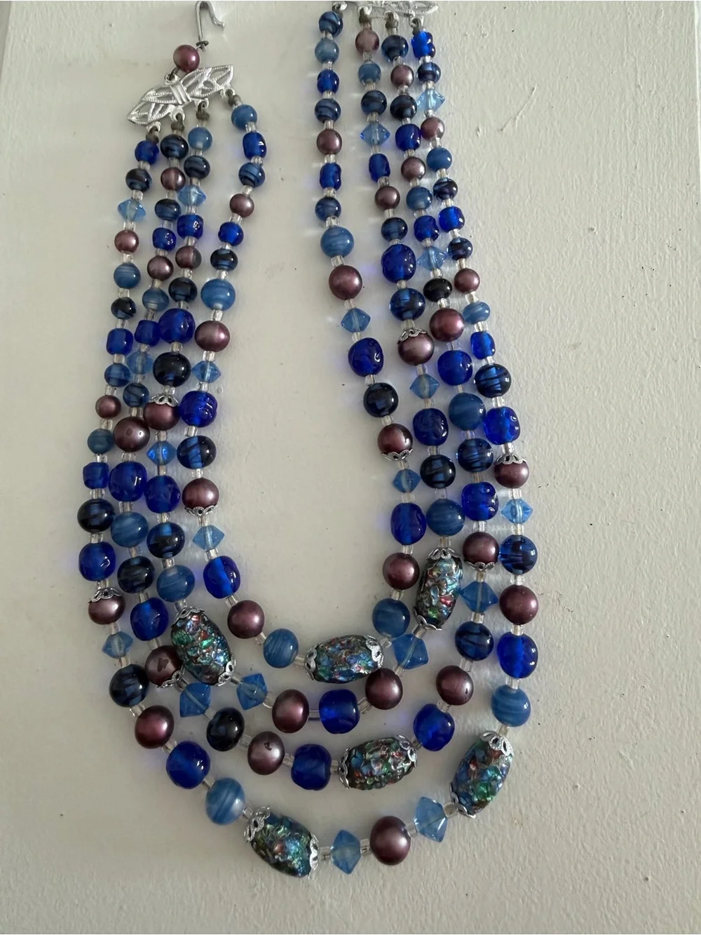 Vintage Triple-Strand Blue & Purple Art Glass Beaded Necklace - Women Jewelry